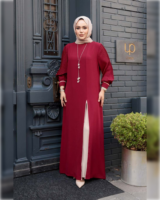 Elegant Two-Piece Abaya dress set in Maroon Shade   طقم عباءة أنيق من قطعتين باللون الأحمر القرمزي الجميل