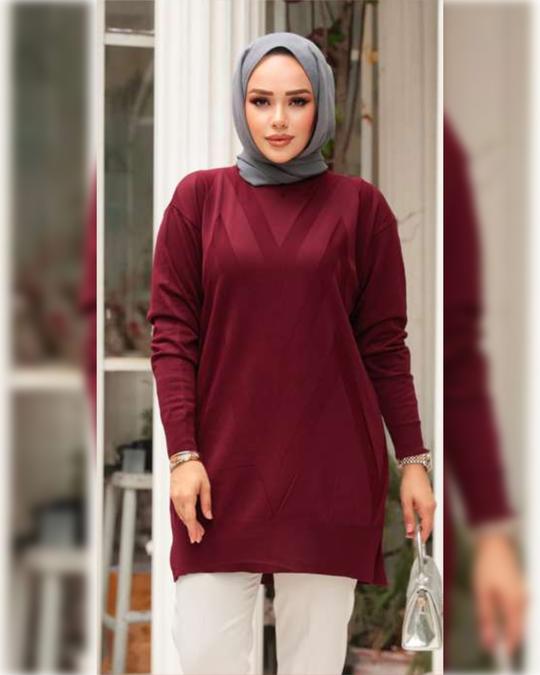 Cozy V-Shaped Textured Design Blouse in Maroon Shade, بلوزة شتوية دافئة بتصميم جميل باللون الخمري الجميل