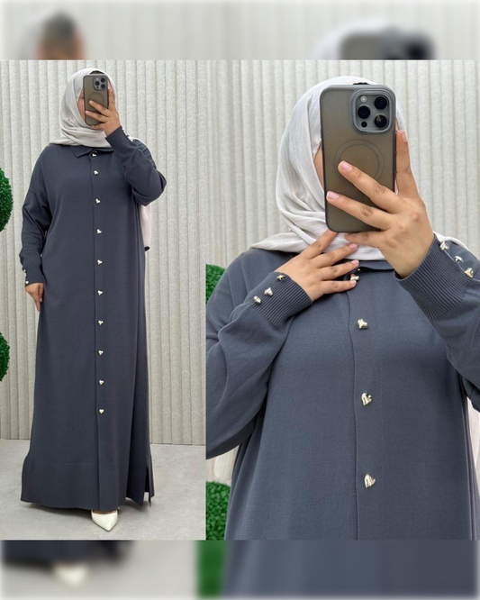 Buttoned Long Knit Dress / Cardigan in Dark Gray Shade فستان / كارديجان طويل بأزرار باللون الرمادي الجميل