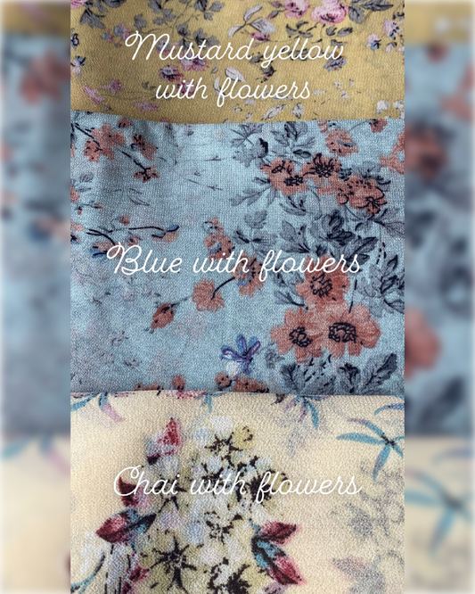 Naya Georgette Hijabs in Beautiful Sky Blue / Yellow Tones with Floral Prints حجابات نايا الجورجيت باللون الأزرق أو الأصفر و بنقشة الورود الناعمة