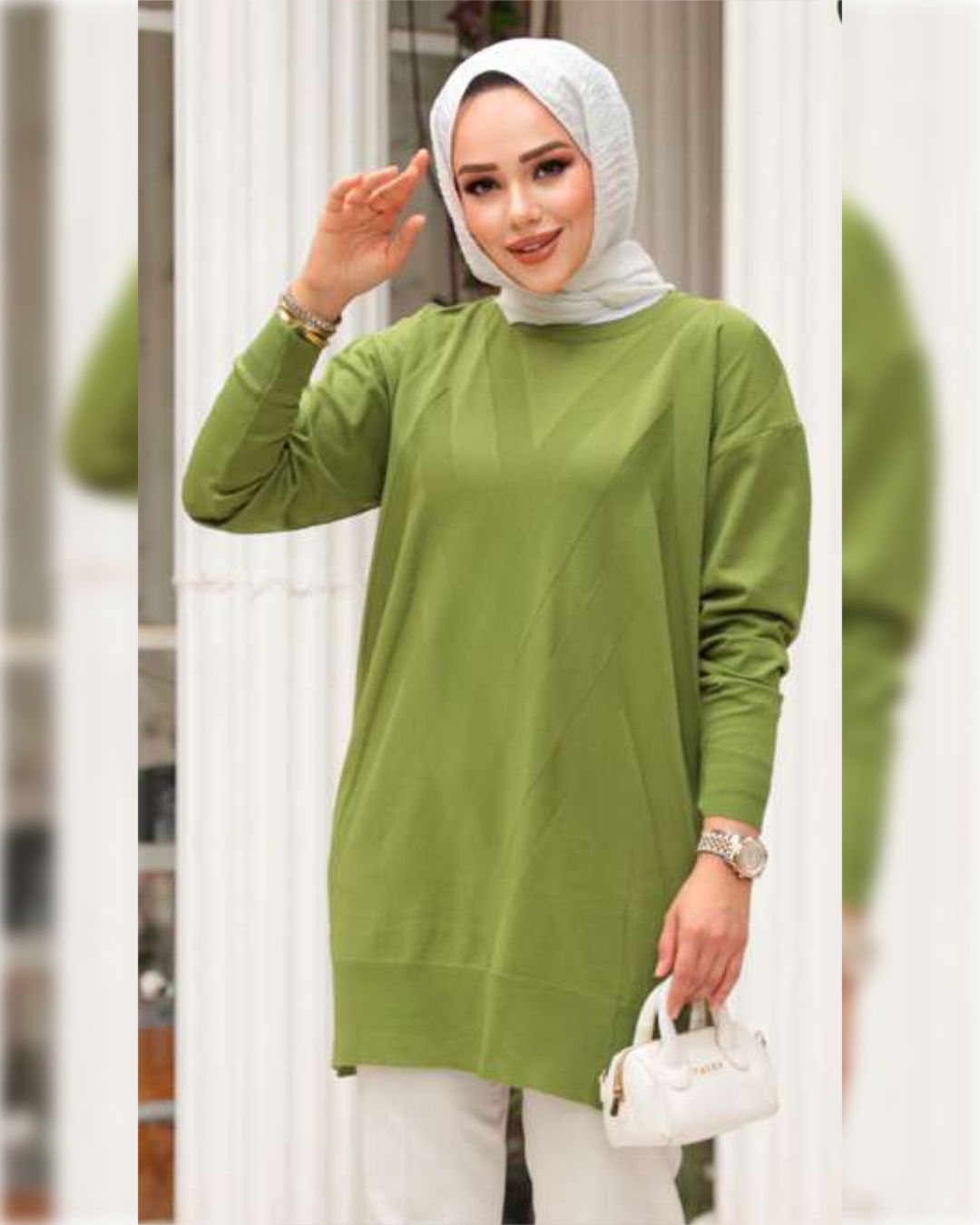 Cozy V-Shaped Textured Design Blouse in Light Green Shade, بلوزة شتوية دافئة بتصميم جميل باللون الأخضر الفاتح الجميل