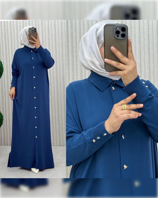 Buttoned Long Knit Dress / Cardigan in Blue Shade فستان / كارديجان طويل بأزرار باللون الأزرق الجميل