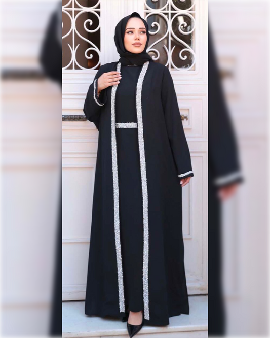 Elegant Black Abaya with Silver Embellished Trim  عباءة جورجيت كلاسيكية أنيقة باللون الأسود الجميل