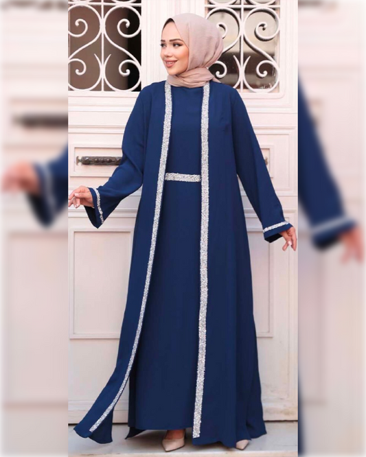 Elegant Navy Blue Abaya with Silver Embellished Trim  عباءة جورجيت كلاسيكية أنيقة باللون الكحلي الجميل