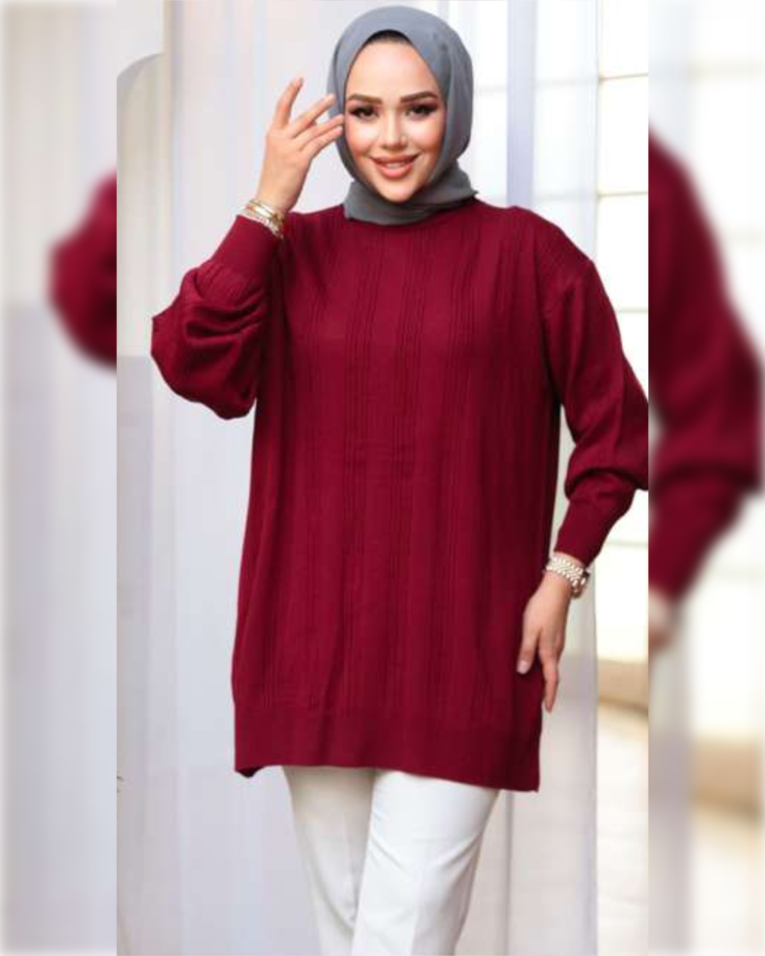 Cozy Longline Textured Blouse in Maroon Shade بلوزة شتوية دافئة بخطوط طولية باللون الخمري الجميل