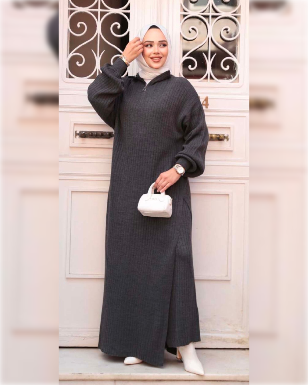 Elegant Cozy knit set of 2-Pieces in Dark Gray طقم شتوي أنيق من الصوف الناعم من قطعتين باللون الرمادي الغامق