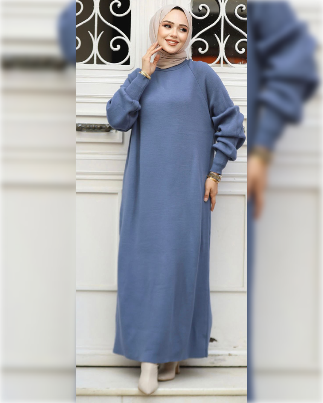 Ayla Woolen Long Dress in Light Blue Shade   فستان آيلا الطويل من قماش الصوف الناعم باللون الأزرق الفاتح الجميل