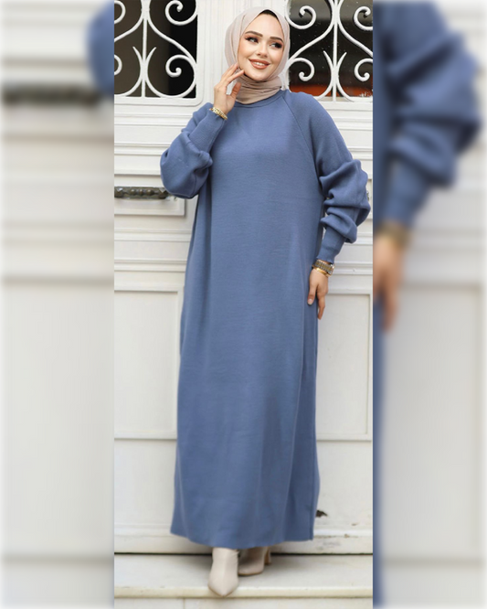 Ayla Woolen Long Dress in Light Blue Shade   فستان آيلا الطويل من قماش الصوف الناعم باللون الأزرق الفاتح الجميل