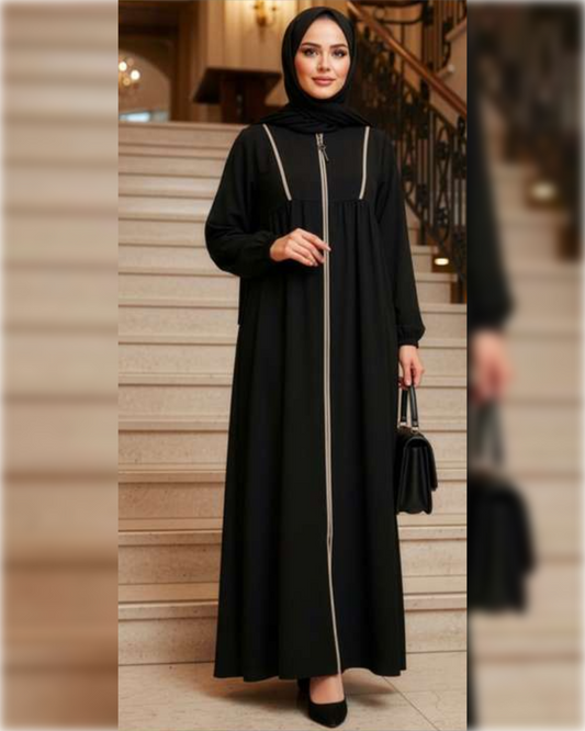 Elegant Zip-Front Abaya in Black Shade عباءة أنيقة بسحاب أمامي باللون الأسود الجميل
