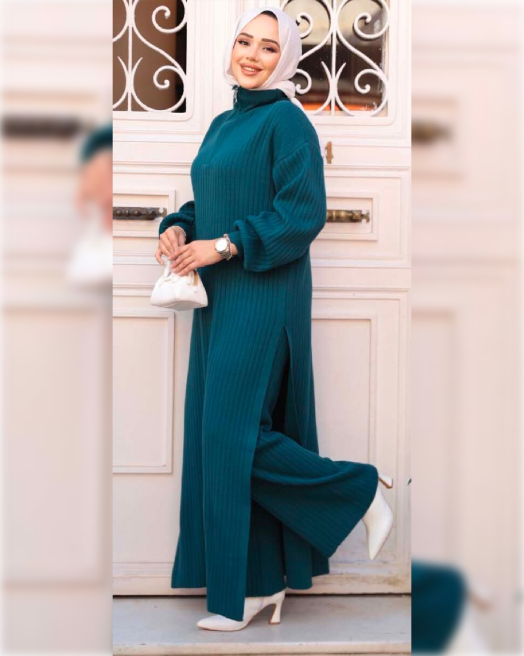 Elegant Cozy knit set of 2-Pieces in Blue طقم شتوي أنيق من الصوف الناعم من قطعتين باللون الأزرق الجميل