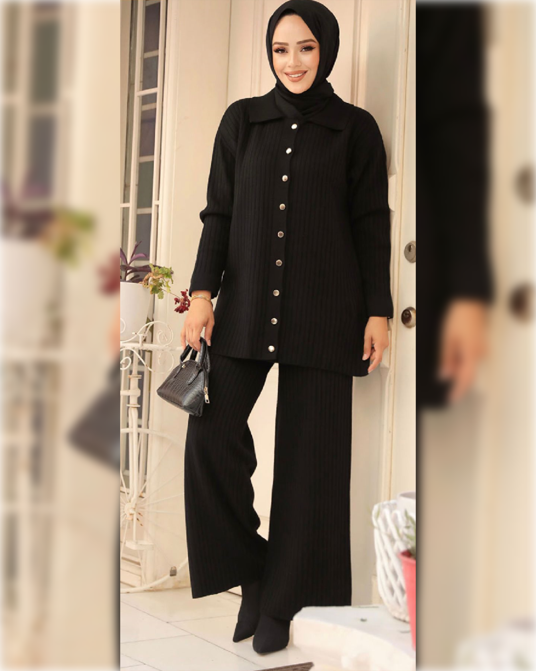 Talia Buttoned - Tricot - Black - 2-Pieces Outfit in Wool طقم تاليا الشتوي من الصوف الناعم مكون من قطعتين مع أزرار باللون الأسود الجميل