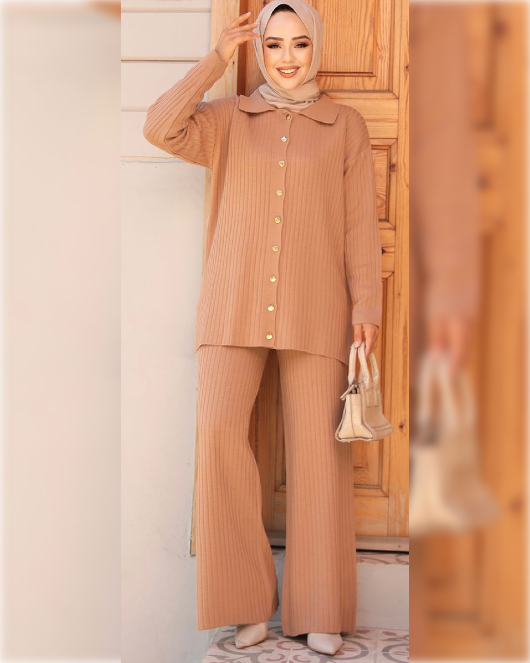 Talia Buttoned - Tricot - Light Orange - 2-Pieces Outfit in Wool طقم تاليا الشتوي من الصوف الناعم مكون من قطعتين مع أزرار باللون البرتقالي الفاتح الجميل