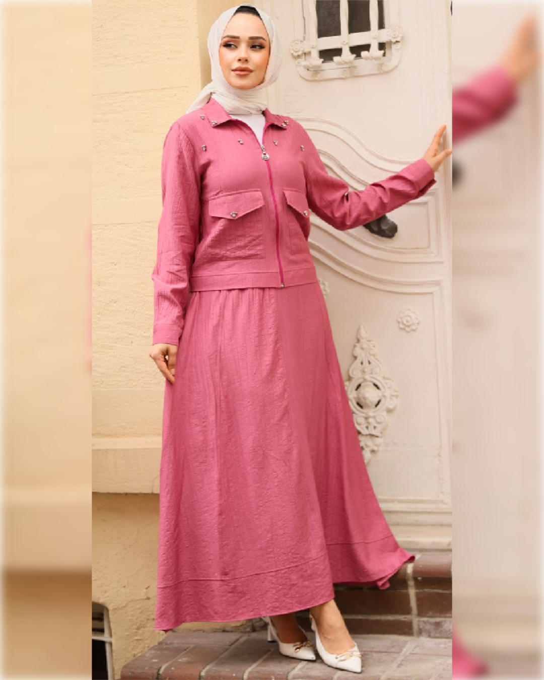2- Pieces Aerobin Long Dress Set in Pink Shade   فستان طويل مكون من قطعتين من قماش الآيروبين الناعم باللون الزهري الجميل