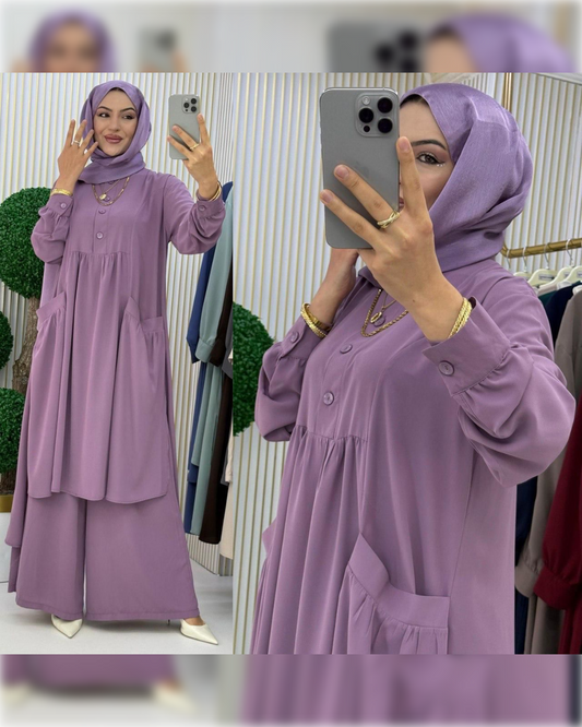 Casual Silky 2-Pieces Outfit in Light Purple Shade طقم حريري عملي مكون من قطعتين باللون البنفسجي الفاتح الجميل