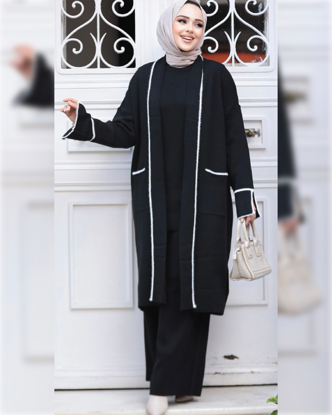 Ahlam Elegant Woolen Outfit of 3-Pieces in Black  Shade  طقم أحلام الشتوي الأنيق المكون من ثلاثة قطع باللون الأسود مميز