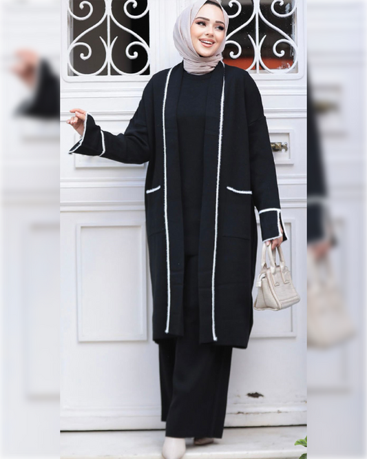 Ahlam Elegant Woolen Outfit of 3-Pieces in Black  Shade  طقم أحلام الشتوي الأنيق المكون من ثلاثة قطع باللون الأسود مميز