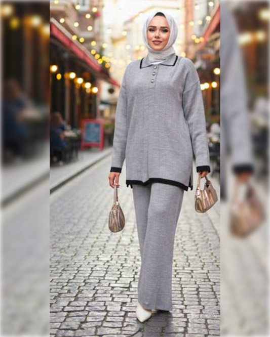 Casual Tricot Gray 2-Pieces Outfit in Wool طقم شتوي من الصوف الناعم مكون من قطعتين باللون الرمادي الجميل