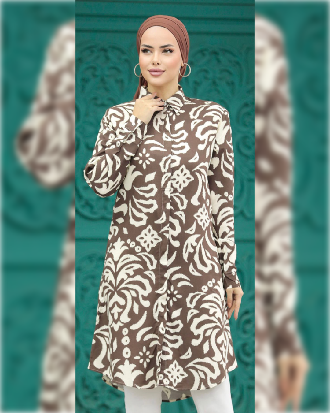 Lara Cotton - Long Tunic in Light Brown Shade with White print قميص لارا القطني الصيفي الطويل باللون البني الفاتح و النقوش البيضاء الجميلة