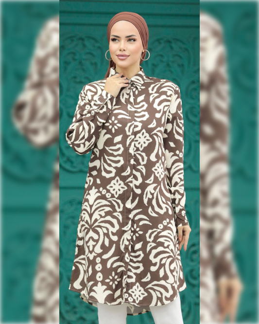 Lara Cotton - Long Tunic in Light Brown Shade with White print قميص لارا القطني الصيفي الطويل باللون البني الفاتح و النقوش البيضاء الجميلة