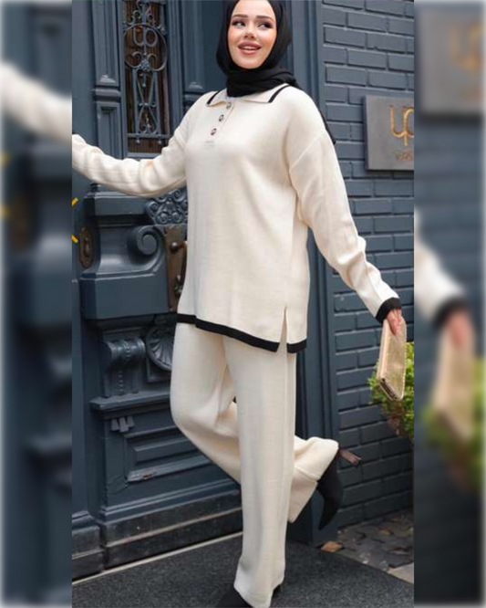 Casual Tricot White 2-Pieces Outfit in Wool طقم شتوي من الصوف الناعم مكون من قطعتين باللون الأبيض الجميل