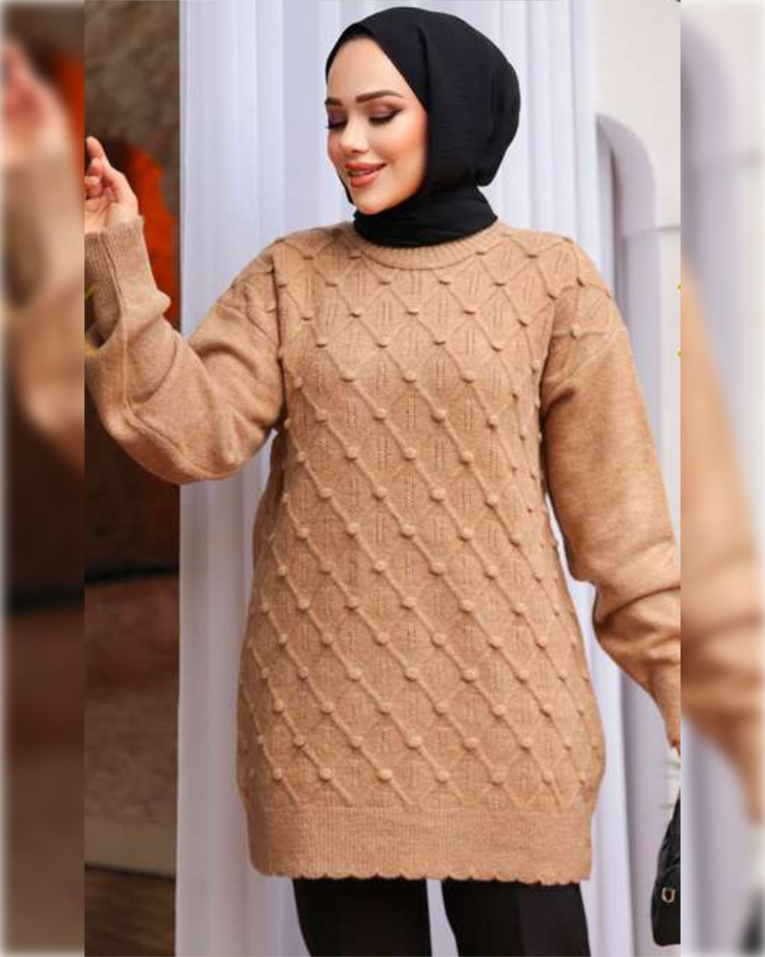 Cozy Blouse with Subtle Raised Detailing in Beige Shade, بلوزة شتوية دافئة بتصميم جميل بلون البيج الجميل