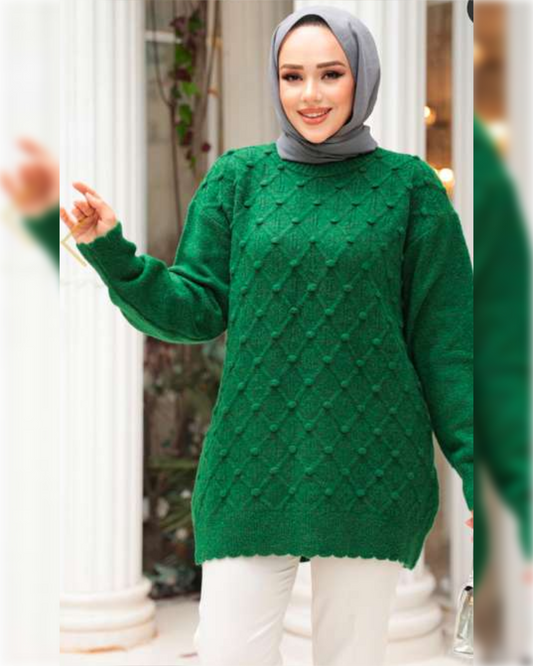 Cozy Blouse with Subtle Raised Detailing in Green Shade, بلوزة شتوية دافئة بتصميم جميل باللون الأخضر الجميل