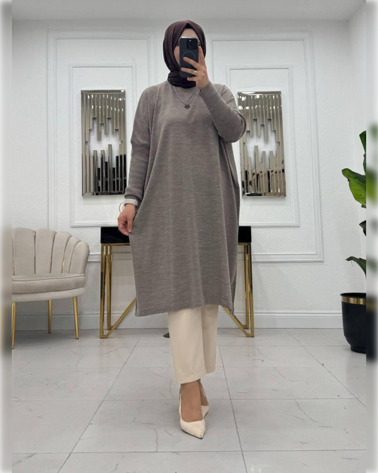 Cozy Long Blouse in Light Mocha Shade بلوزة شتوية دافئة باللون الموكا الفاتح الجميل