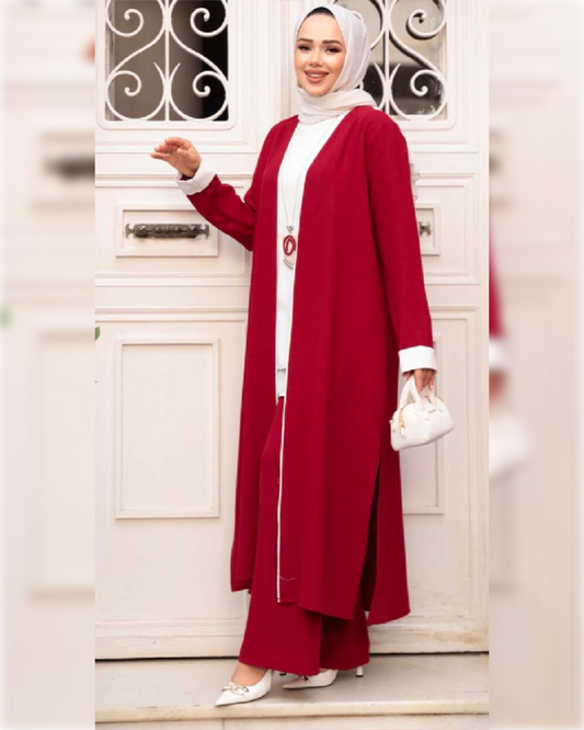 Ahlam Elegant Georgette Outfit of 3-Pieces in Red Shade طقم أحلام الأنيق من الجورجيت المكون من ثلاثة قطع باللون الأحمر الجميل