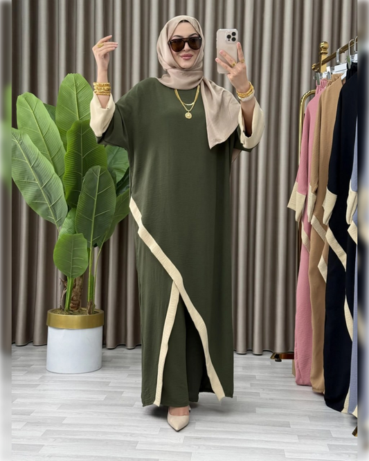 Sleek Modern Abaya Paired with Trousers in Elegant Tones عباءة صيفية بقصة عصرية أنيقة مع بنطال متوفرة بعدة ألوان جميلة