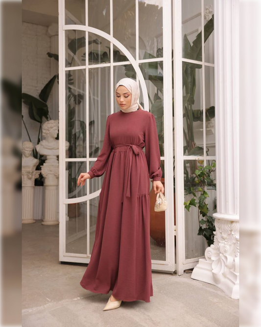 Samira Aerobin - High Waist Dress in Crimson Shade فستان سميرة الصيفي ذو الخصر العالي من نسيج الأيروبين باللون الأحمر الكرميدي الجميل