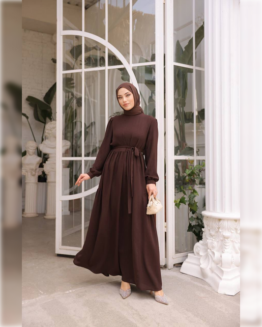Samira Aerobin - High Waist Dress in Brown Shade فستان سميرة الصيفي ذو الخصر العالي من نسيج الأيروبين باللون الأحمر البني الجميل