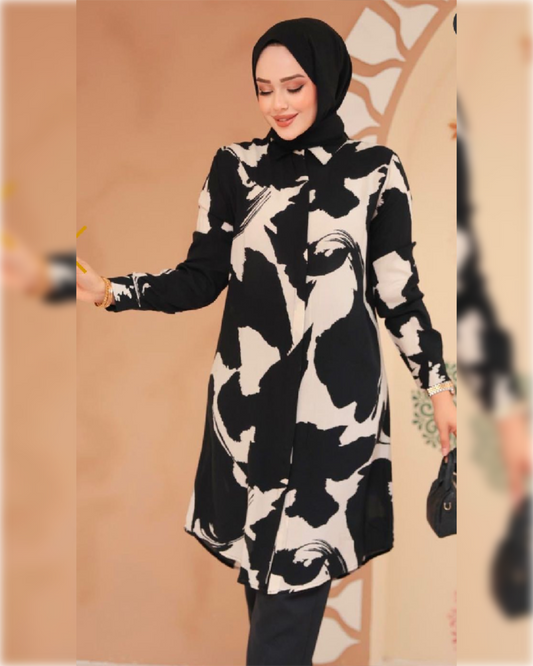 Lara Cotton - Long Tunic in Biege Shade with Black Prints قميص لارا القطني الصيفي الطويل باللون البيج و نقوش سوداء الجميلة