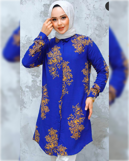 Lara Cotton - Long Tunic in Royal Blue Shade with Elegant Prints قميص لارا القطني الصيفي الطويل باللون الأزرق الجميل و نقوش مميزة