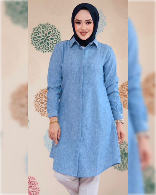 Lara Cotton - Long Tunic in Light Blue Shade قميص لارا القطني الصيفي الطويل باللون الأزرق الفاتح الجميل