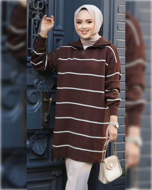 Cozy Long Striped Blouse in Brown Shade   بلوزة شتوية مخططة دافئة باللون البني الجميل