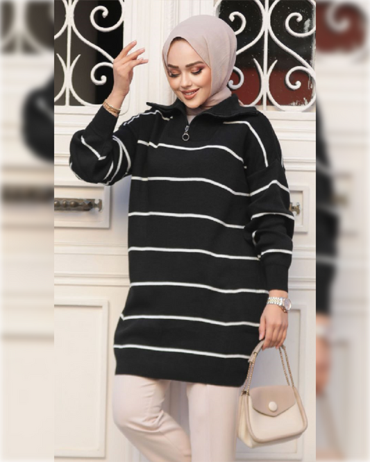 Cozy Long Striped Blouse in Black Shade   بلوزة شتوية مخططة دافئة باللون الأسود الجميل