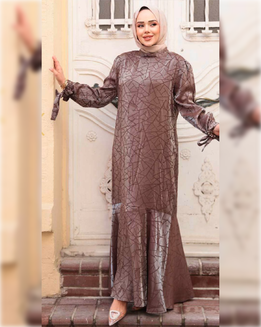 Nora Elegant - Mermaid Hem Satin Dress - in Light Brown Shade  فستان نورا الأنيق للمناسبات باللون البني الفاتح الجميل