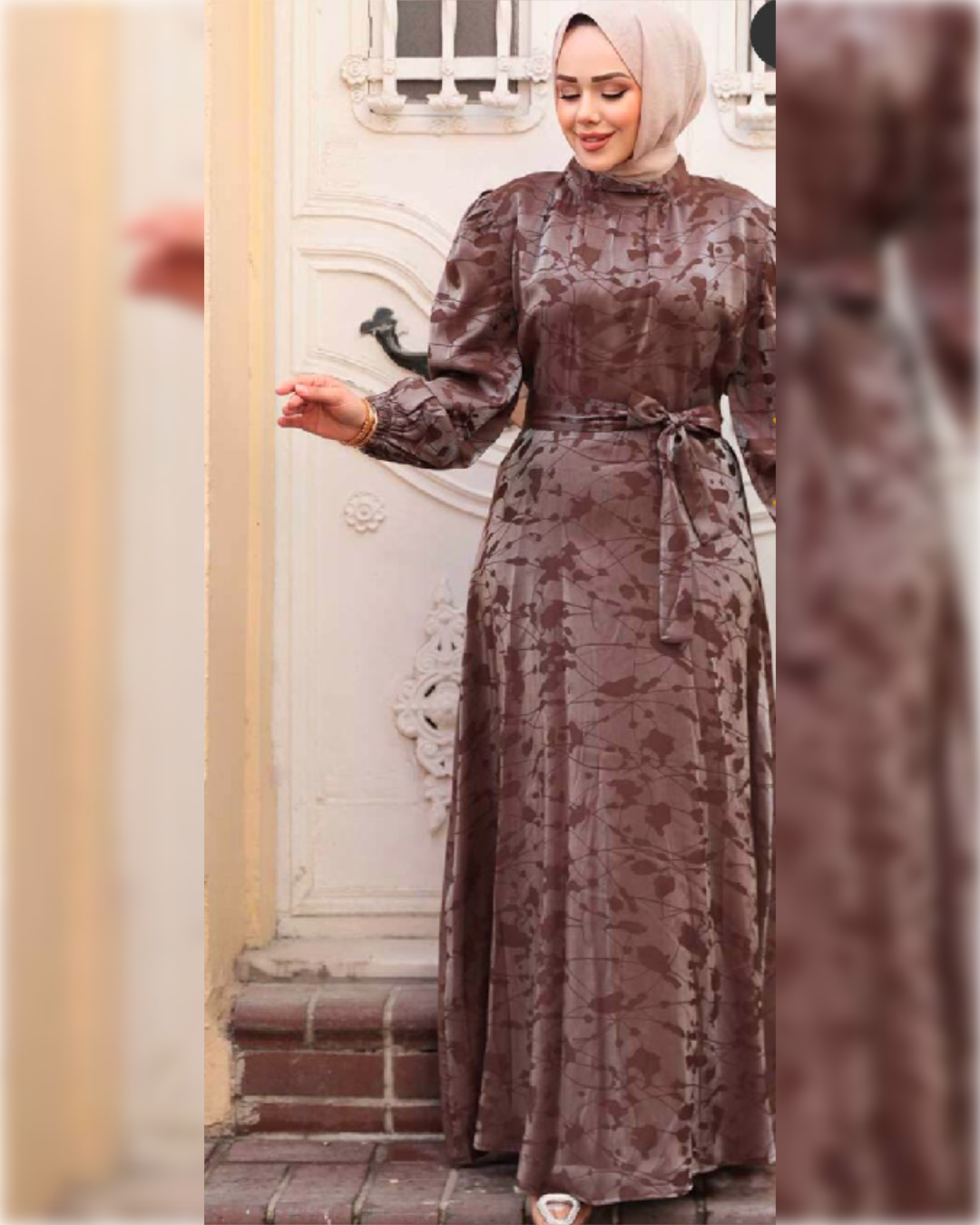 Nora Elegant - Bow Tie Waist - Satin Dress - in Light Brown Shade  فستان نورا الأنيق للمناسبات باللون البني الفاتح الجميل