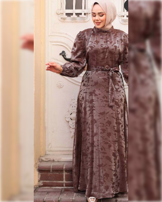 Nora Elegant - Bow Tie Waist - Satin Dress - in Light Brown Shade  فستان نورا الأنيق للمناسبات باللون البني الفاتح الجميل