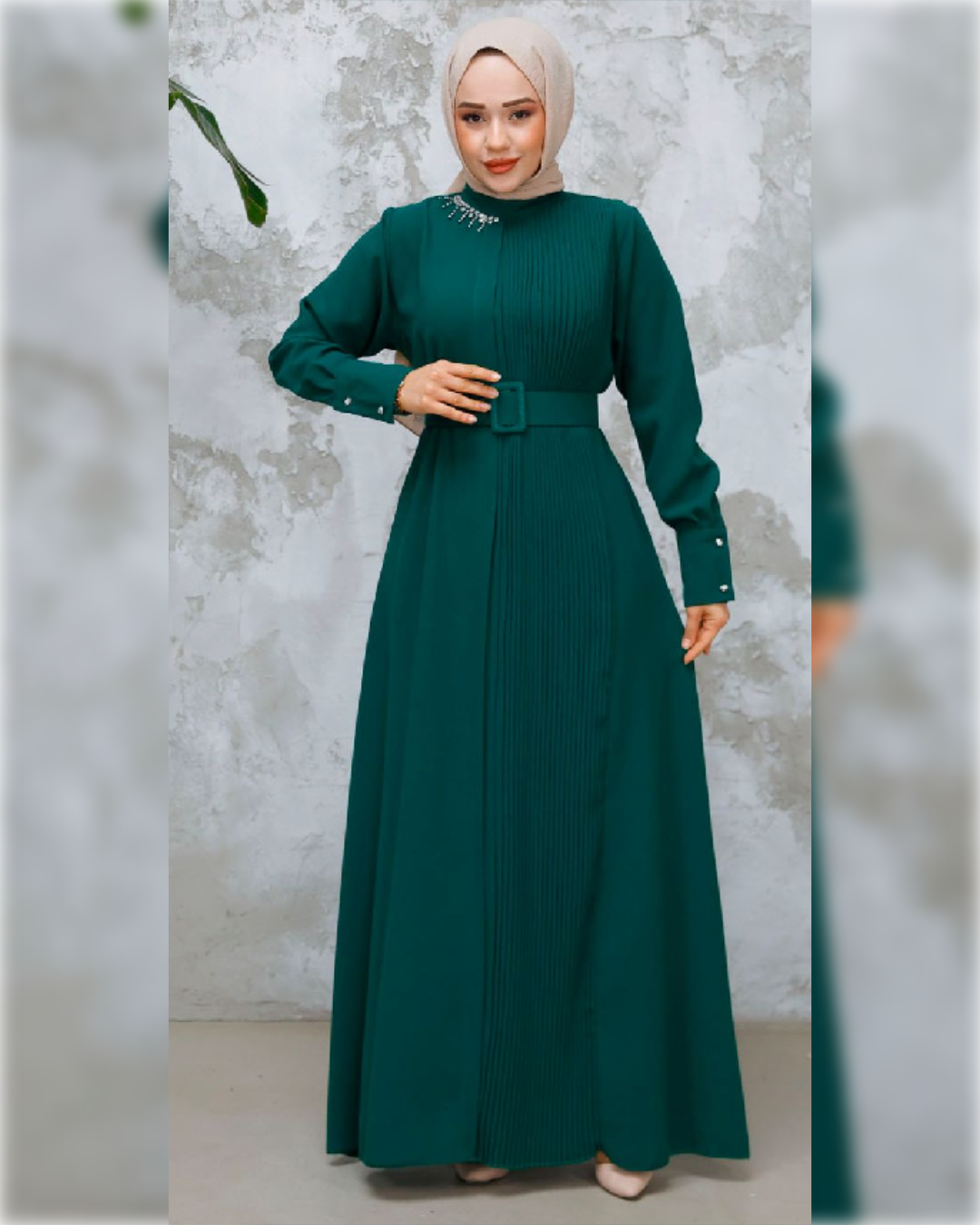 Ahlam Elegant - High Waist - Belted Dress - in Green Shade فستان أحلام الأنيق للمناسبات باللون الأخضر الجميل
