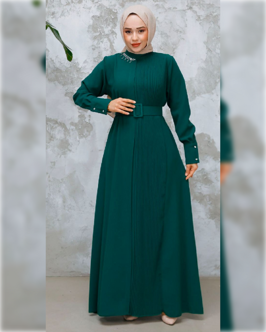 Ahlam Elegant - High Waist - Belted Dress - in Green Shade فستان أحلام الأنيق للمناسبات باللون الأخضر الجميل
