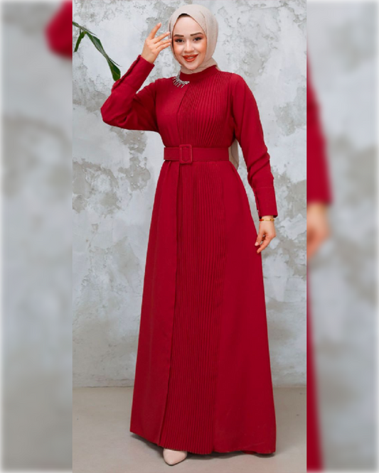 Ahlam Elegant - High Waist - Belted Dress - in Red Shade فستان أحلام الأنيق للمناسبات باللون الأحمر الجميل