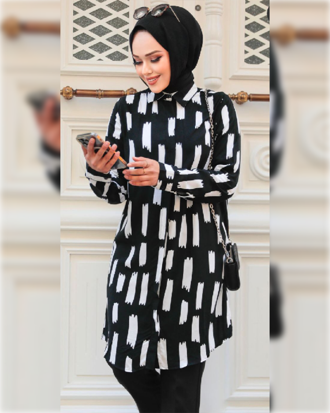 Lara Cotton - Long Tunic in Black Shade with White Prints قميص لارا القطني الصيفي الطويل باللون الأسود الجميل و نقوش بيضاء