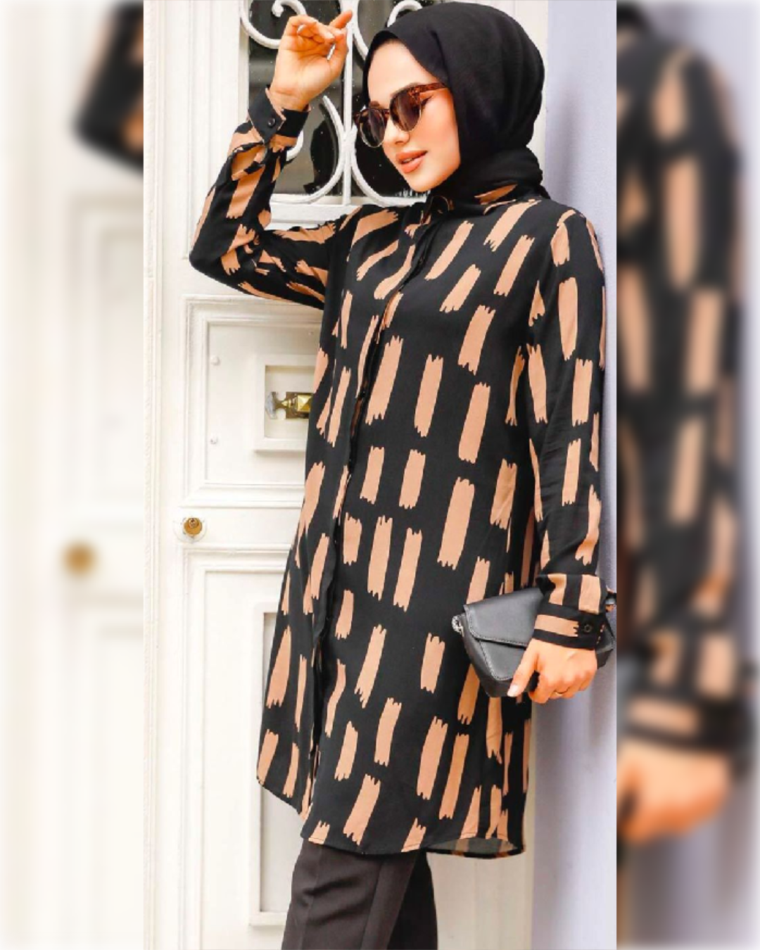 Lara Cotton - Long Tunic in Black Shade with Beige Prints قميص لارا القطني الصيفي الطويل باللون الأسود الجميل و نقوش بلون البيج