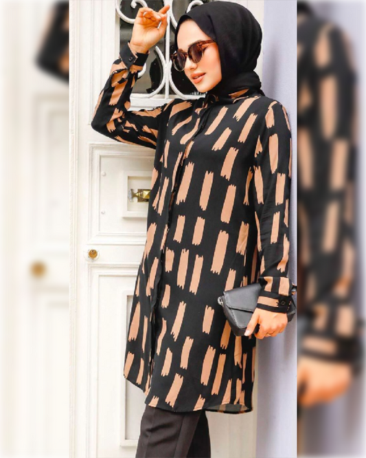 Lara Cotton - Long Tunic in Black Shade with Beige Prints قميص لارا القطني الصيفي الطويل باللون الأسود الجميل و نقوش بلون البيج