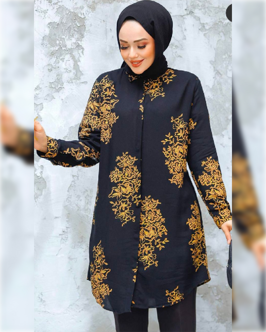 Lara Cotton - Long Tunic in Black Shade with Elegant Prints قميص لارا القطني الصيفي الطويل باللون الأسود الجميل و نقوش مميزة