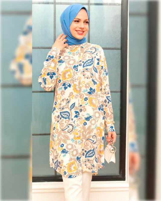 Lara Cotton - Long Tunic in White Shade with Floral Prints قميص لارا القطني الصيفي الطويل باللون الأبيض الجميل و نقوش الزهور