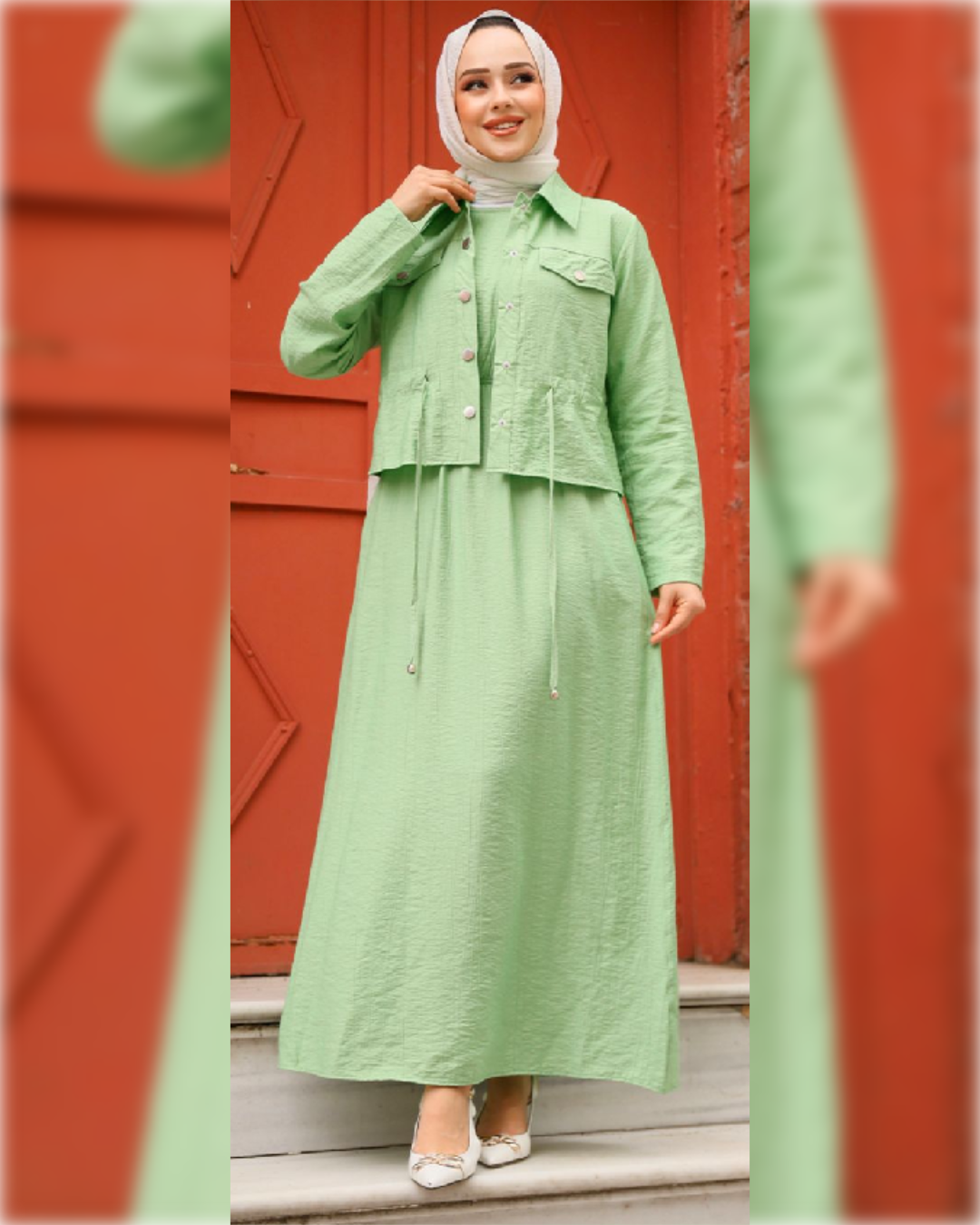2- Pieces Aerobin Long Dress Set in Lime Green Shade   فستان طويل مكون من قطعتين من قماش الآيروبين الناعم باللون الأخضر الليموني الجميل