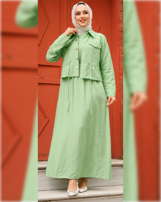 2- Pieces Aerobin Long Dress Set in Lime Green Shade   فستان طويل مكون من قطعتين من قماش الآيروبين الناعم باللون الأخضر الليموني الجميل