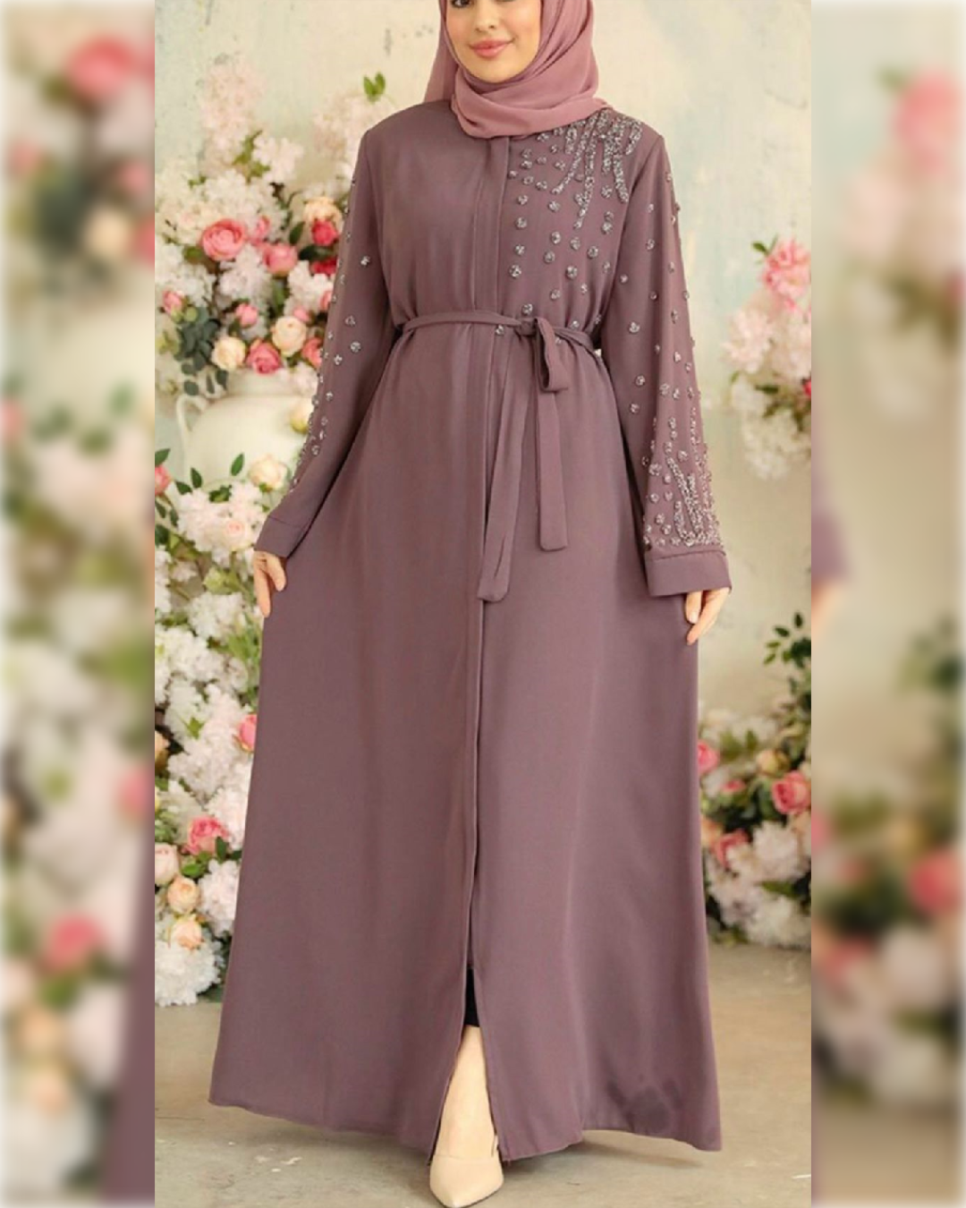 Fatimah Elegant Abaya in Dusty Rose Shade for Occasions  عباءة فاطمة الأنيقة للمناسبات باللون الوردي الفاتح الجميل
